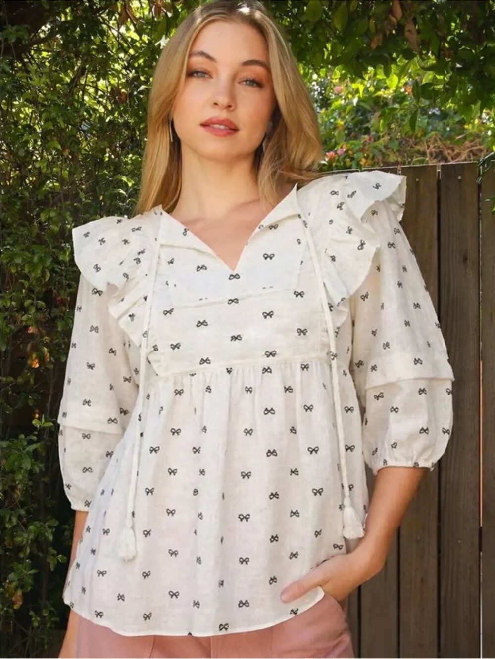 Umgee Ruffle Sleeve Bow Print Blouse Linen White